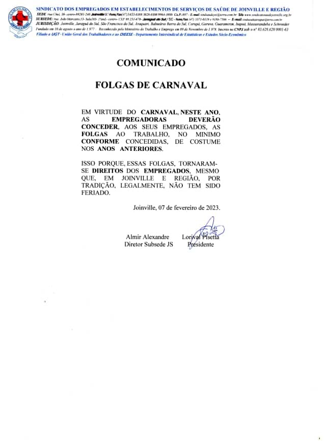Comunicado - Folgas de Carnaval
