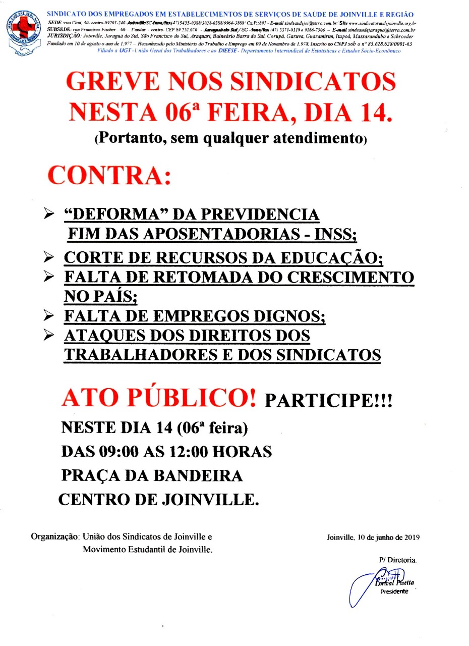 GREVE NOS SINDICATOS NESTA 6ª FEIRA, DIA 14/06