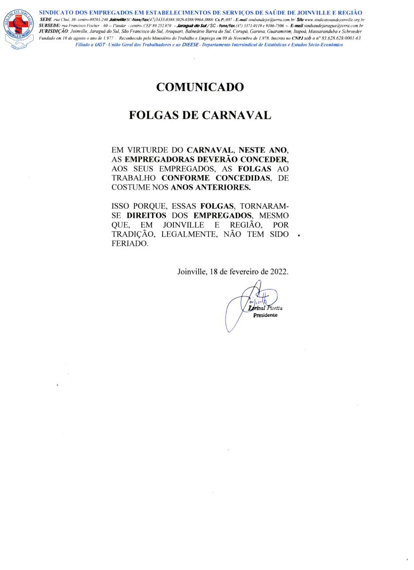 COMUNICADO  - FOLGAS CARNAVAL