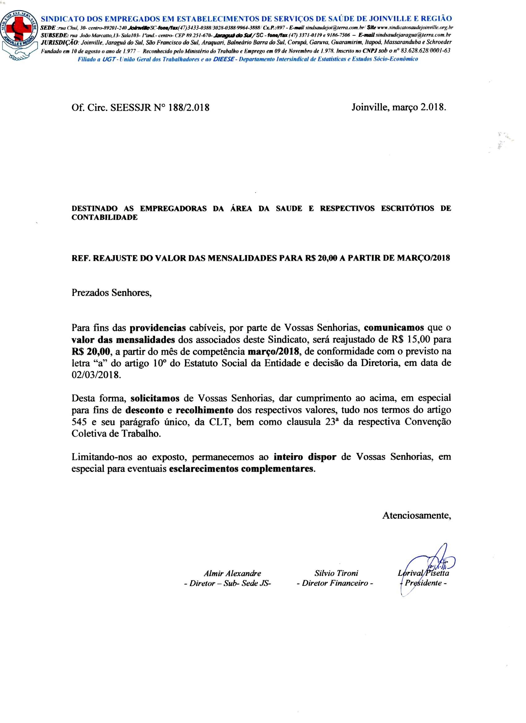 Reajuste do Valor das Mensalidades 03/2018