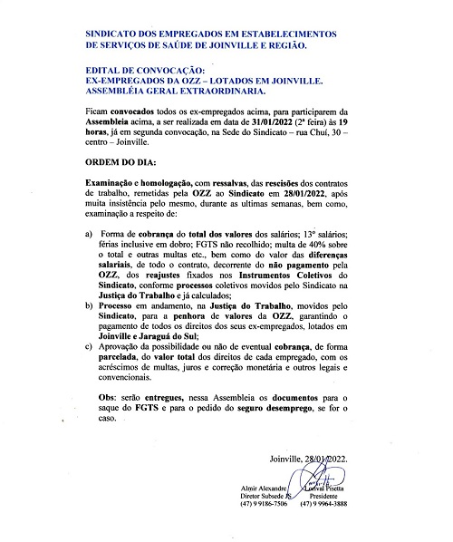 Edital de Convocação - Ex Empregados OZZ (31/01/22 - 19h)