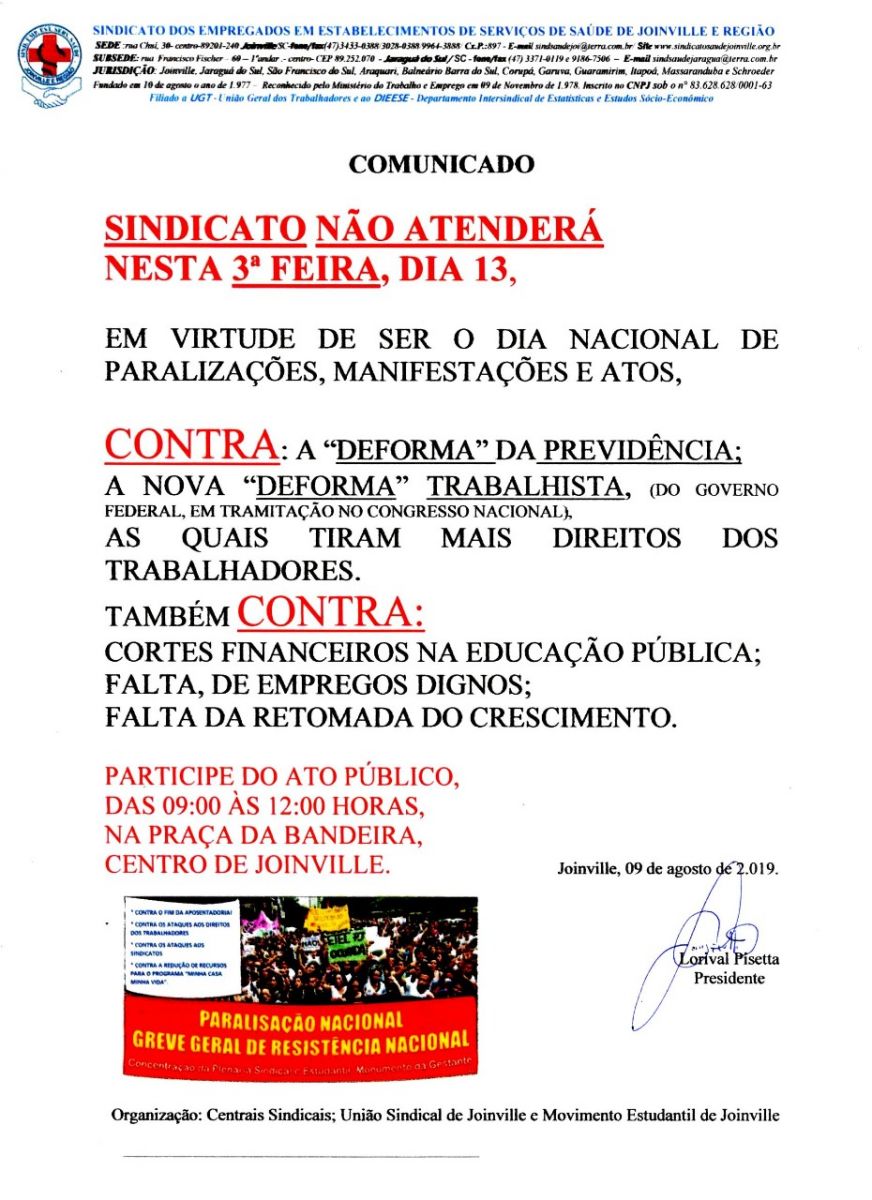 Sindicato fechado dia 13 terça feira